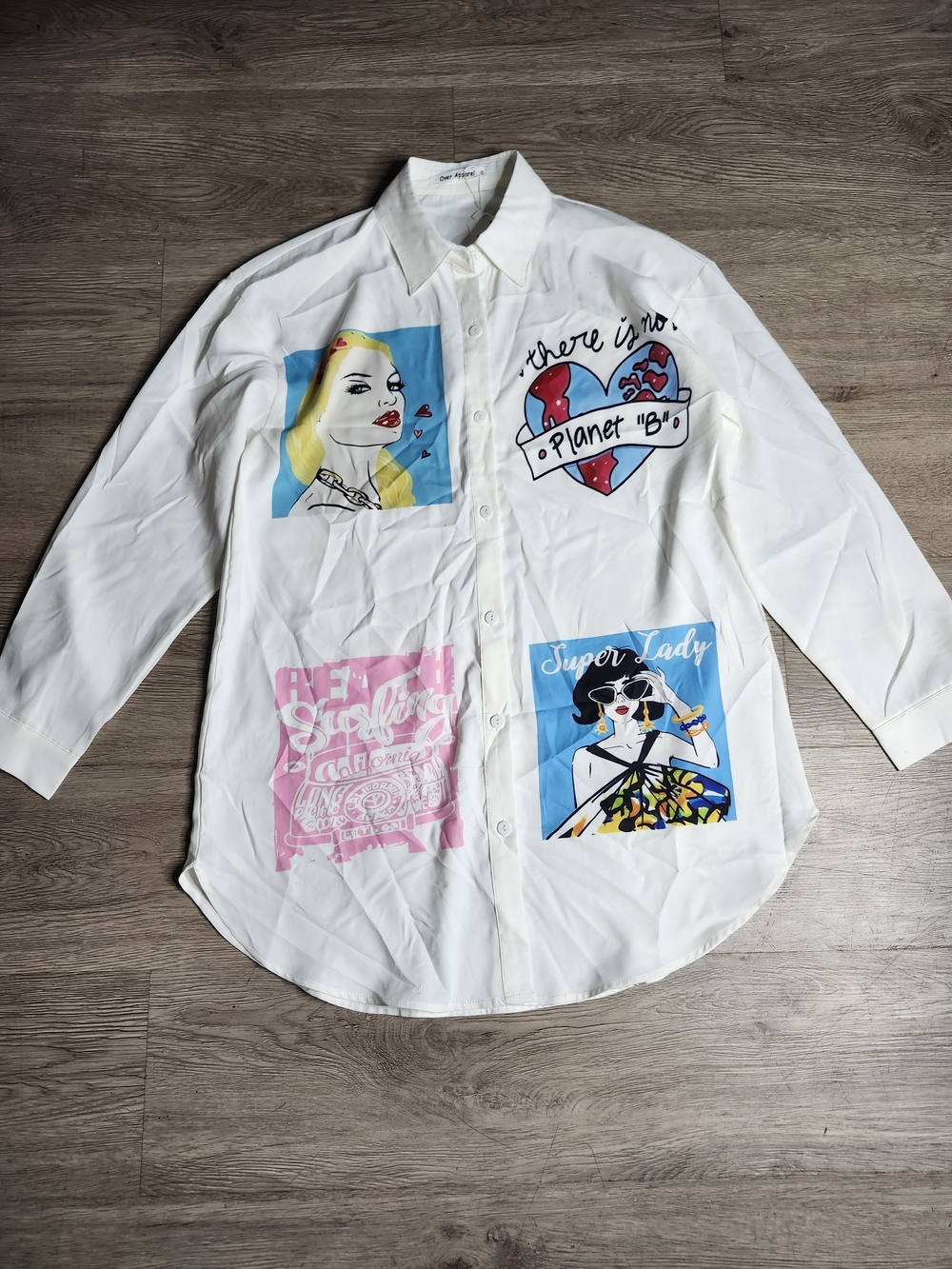 White Pop-Art Button-Down Shirt Dress with Graphic Panels - Picture 1 of 7